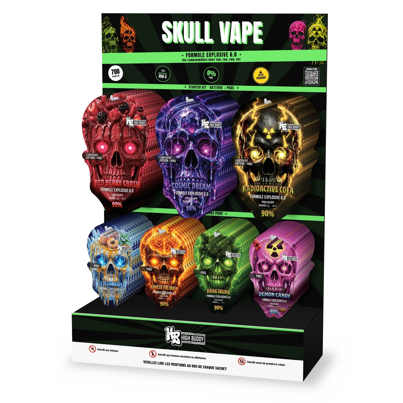 Display à broches Skull Vape rempli de starter kits et de recharges pods