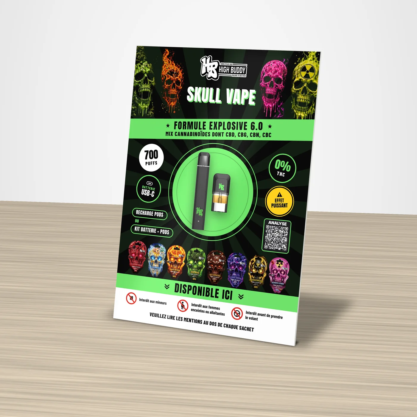 PLV A5 Skull Vape posée sur un comptoir